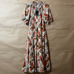 THML | NWT Mia Midi Dress Tie Neck Smocked Tiered Popover Geometric Print Size S